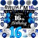 Blue Silver Black 16th Birthday Decorations for Boys Girls, Sweet 16 Party Supplies Kit Bruh I'm 16 Banner, Happy 16th Birthday Backdrop, Number 16 Balloons, Pompoms, Hanging Swirls, Cake Toppers