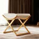Vanity Stool No Assembly Required - Modern Makeup Chair with Golden X-Frame, PU Leather Cushioned Seat for Bedroom, Bathroom - Off-White Small Ottoman Bench