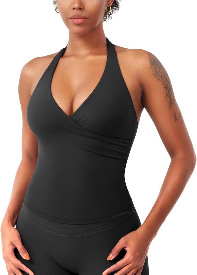 YEOREO Womens Halter Tank Tops Workout Impact Longline Strappy Top Padded Deep V Neck Wrap Gym Backless Bra Camisole (X-Large, Black)