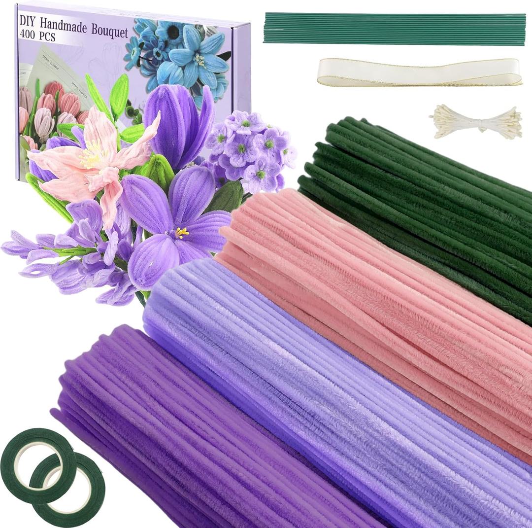 400 Pcs Pipe Cleaners Craft,4 Assorted Colors Pipe Cleaners Bulk, Chenille Stems for DIY Flower Making Kit with Floral Wires, Gardening Tape,Stamen& Ribbon(Purple)