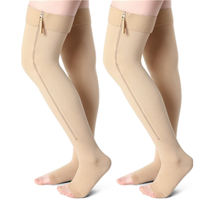 2 Pairs Open Toe Thigh High Zipper Compression Socks 20-30 Mmhg Zipper Compression Stockings Thigh High for Women Men 2XL