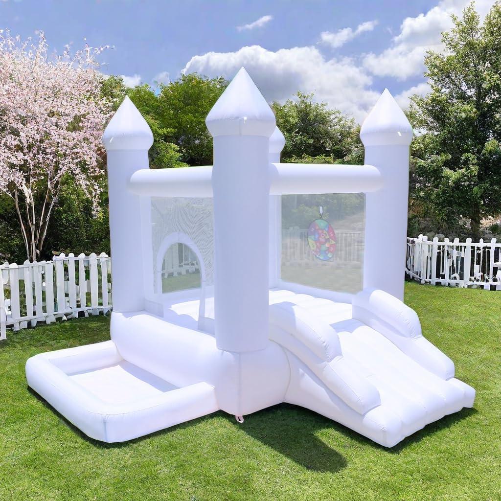 White Bounce House, Inflatable Bouncer with Blower, Indoor and Outdoor Bouncy Castle with Ball Pit, Suitable for Family Party Kids Birthday Party, Easy to Install