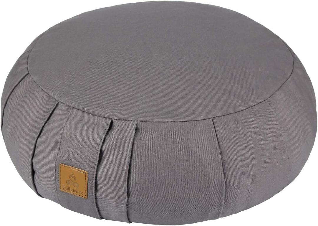 Round Zafu Meditation Cushion, D=15" H=5.5" Zabuton Meditation Pillow, Yoga Bolster/Pillow, Floor seat, Zippered Organic Cotton Cover, Natural Buckwheat, Kneeling Pillow (Grey)