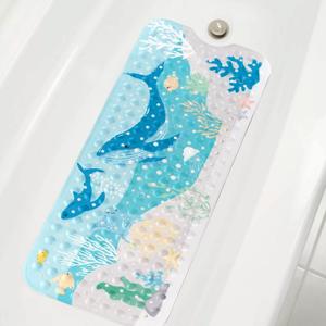 Kids Bath Mat for Tub,Extra Comfortable Non Slip Large Bathtub Mat for Baby Toddler,Massage Shower Mat with Suction Cups Drain Holes,Whale 16"x40"