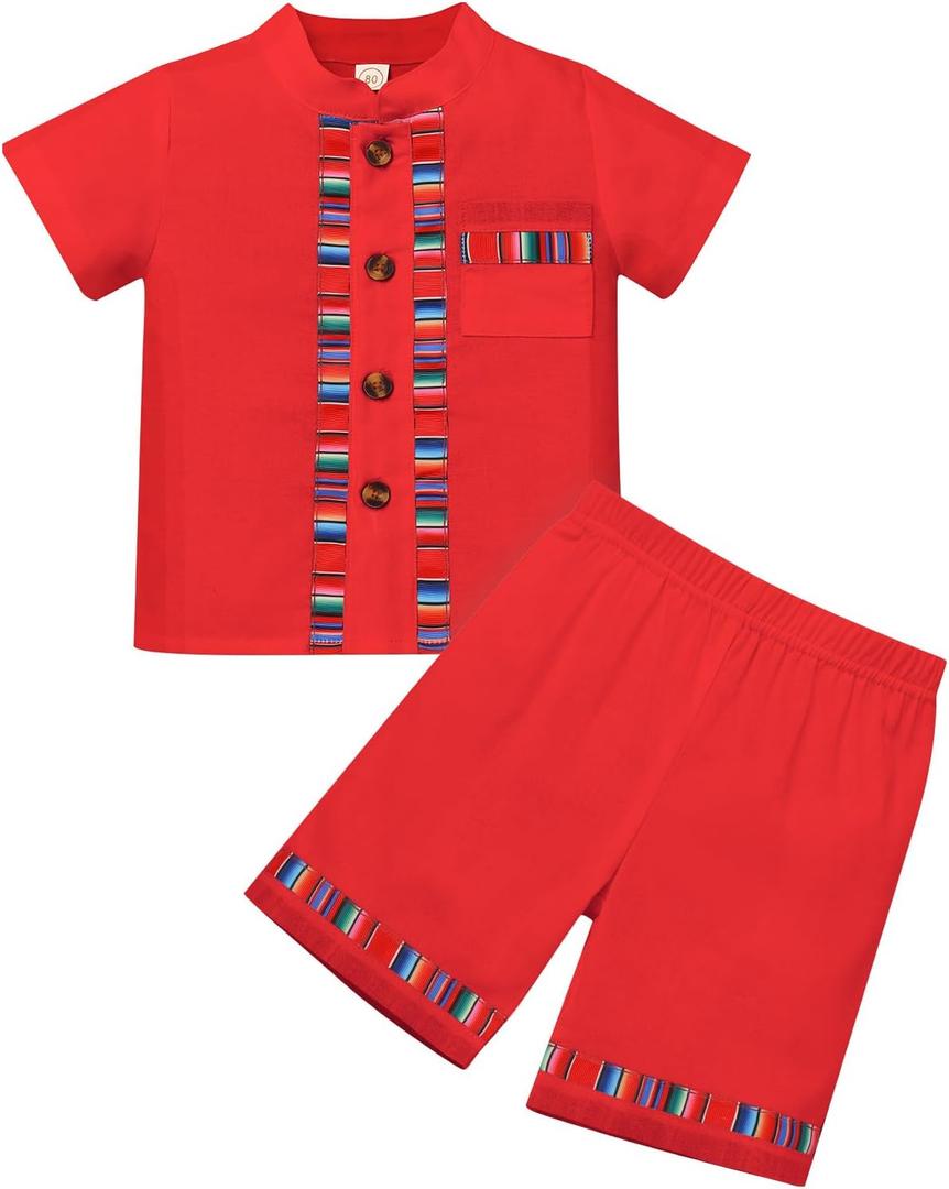 IBTOM CASTLE Toddler Baby Boys Mexican Outfits Short Sleeve Button Down Shirt and Shorts Traditional Ethnic Fiesta Outfit (18-24 Months, Red)