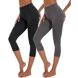 BATHRINS 2-Pack Women's Plus Size Knee Length Summer Soft Capri Pants Lightweight Breathable Leggings Black Charcoal, XXL