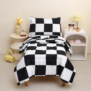 Caressma Checkered Toddler Bedding Set, Classic Black and White Plaid Bed Set, Fluffy Grid Buffalo Plaid 4 Pieces Kids Comforter Bed Set with Comforter, Fitted Sheet, Flat Sheet, Pillowsham