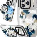 Case for iPhone 17 Pro Case Compatible with Magsafe Ring Holder Stand - for Women Blue Flower Design TPU Phone Cover for Girls Girly Funny Fashion