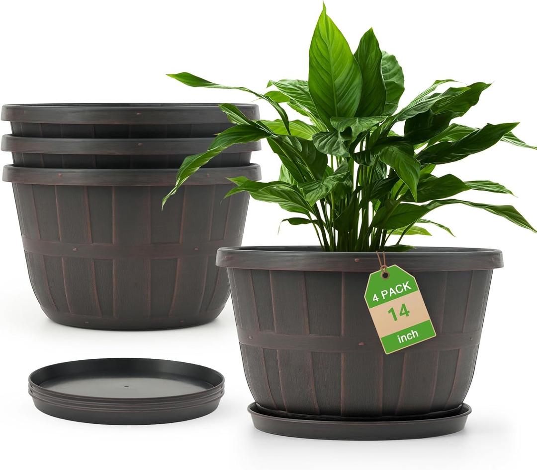 Quarut 14 Inch Plastic-Flower-Pot-for-Indoor-Plants, 4 Pack Large Outdoor Planter Pot with Drainage Holes & Saucers, Resin Decorative Garden Pots PlantersBrown