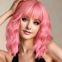 AGO Pink Wigs Short Wavy Hair Pastel Bob Wig with Bangs Shoulder Length Synthetic Hair for Women Girl Colorful Cosplay Wig Synthetic Heat Resistant Fiber for Daily Party Halloween Use (Pink)