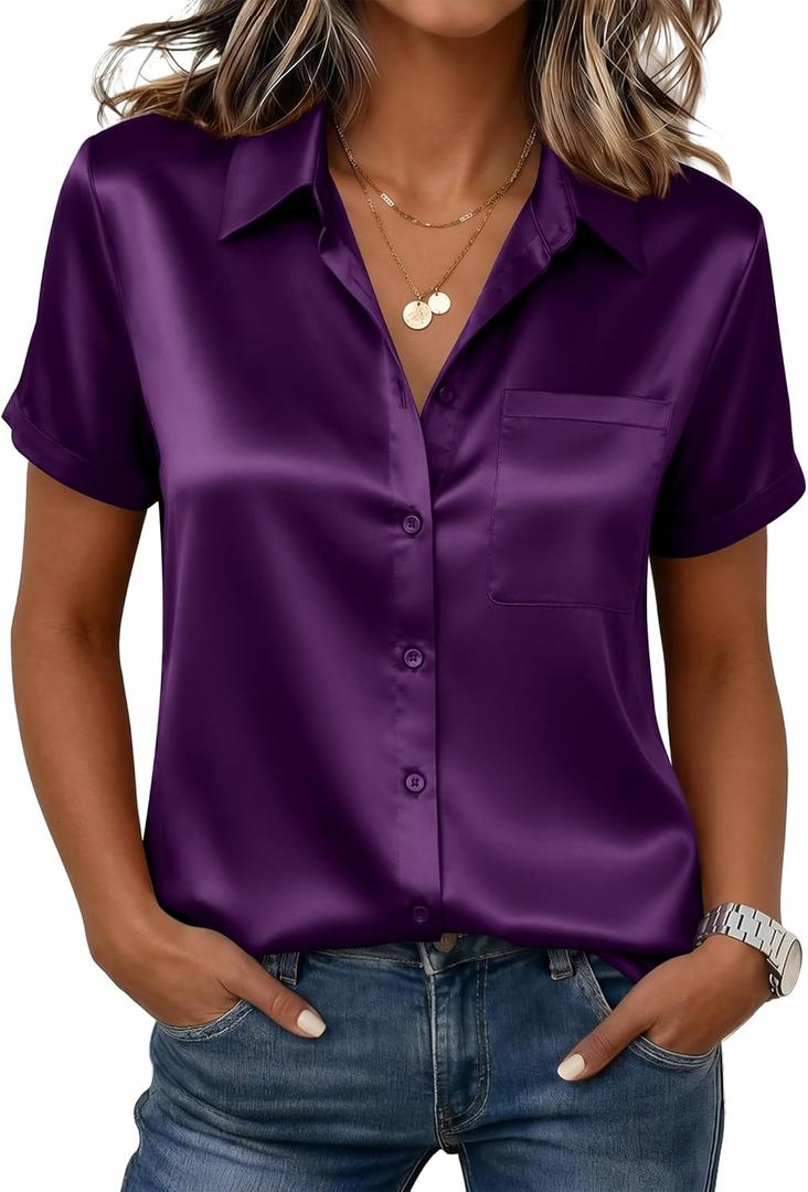 Zeagoo Satin Blouses for Women Silk Button Down Shirts Short Sleeve Business Casual Tops XL