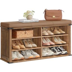 VASAGLE Shoe Storage Bench with Removable Cushion, Shoe Rack with Padded Seat, Entryway Bench with 6 Open Compartmens, Adjustable Shelves, for Hallway, Bedroom, Honey Brown ULSB105K01 (12.2"D x 40.2"W x 20"H)
