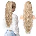 HOOJIH Ponytail Extension, Drawstring Ponytail Hair Extensions 26 Inch Long Curly Wavy Ponytail Natural Wavy Synthetic Hairpiece for Women Daily Use - Light Golden Blonde with White Blonde