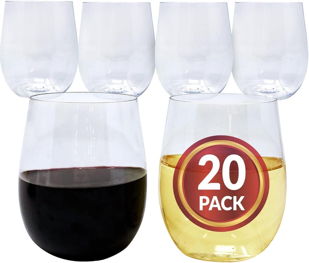Reli. (20 Pack Disposable Wine Glasses 12 oz | Stemless Plastic Wine Glasses for Parties | BPA-Free, Shatterproof Plastic | Clear Drinking Party Cups for Cocktails, Whiskey, Wedding