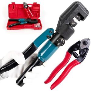 Muzata Custom Cable Railing Crimping Tool Hydraulic Crimper Hydraulic Crimping Tool for 1/8" Stainless Steel Cable Railing Kit Wire Rope Swaging Kit with Wire Cutter CR09 CK12