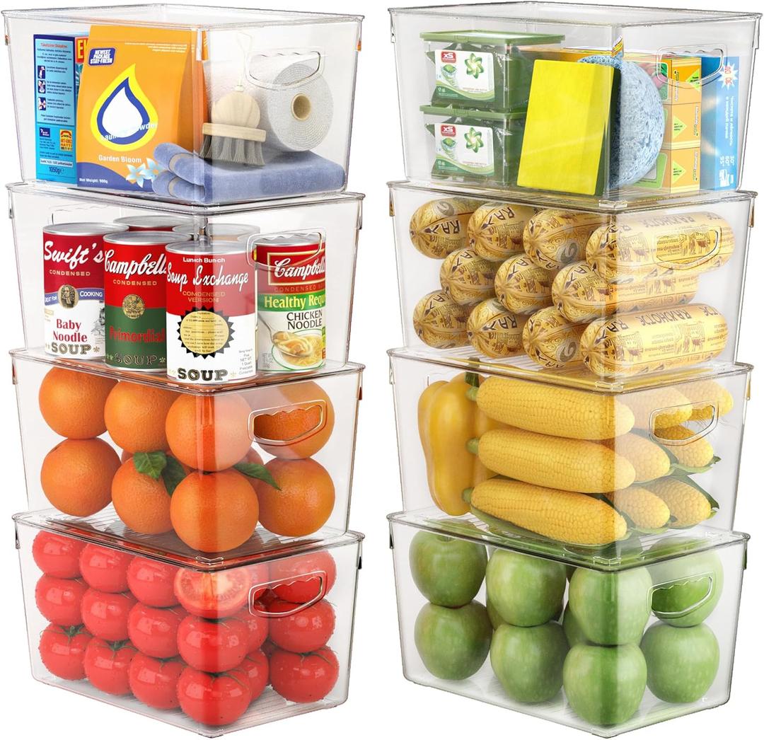 theaoo Clear Storage Bins with Lids Stackable - Large Plastic Containers for Pantry Organization and Storage - Perfect for kitchen,Fridge,Laundry Room,Bathroom,Garage,Closet,Cabinet Organizer - 8 Pack (Large (Pack of 8))