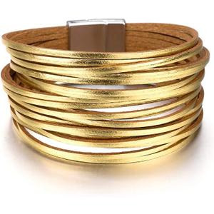 Fesciory Leather Wrap Bracelets for Women, Boho Leopard Multi-Layer Crystal Beads Cuff Bracelet Jewelry