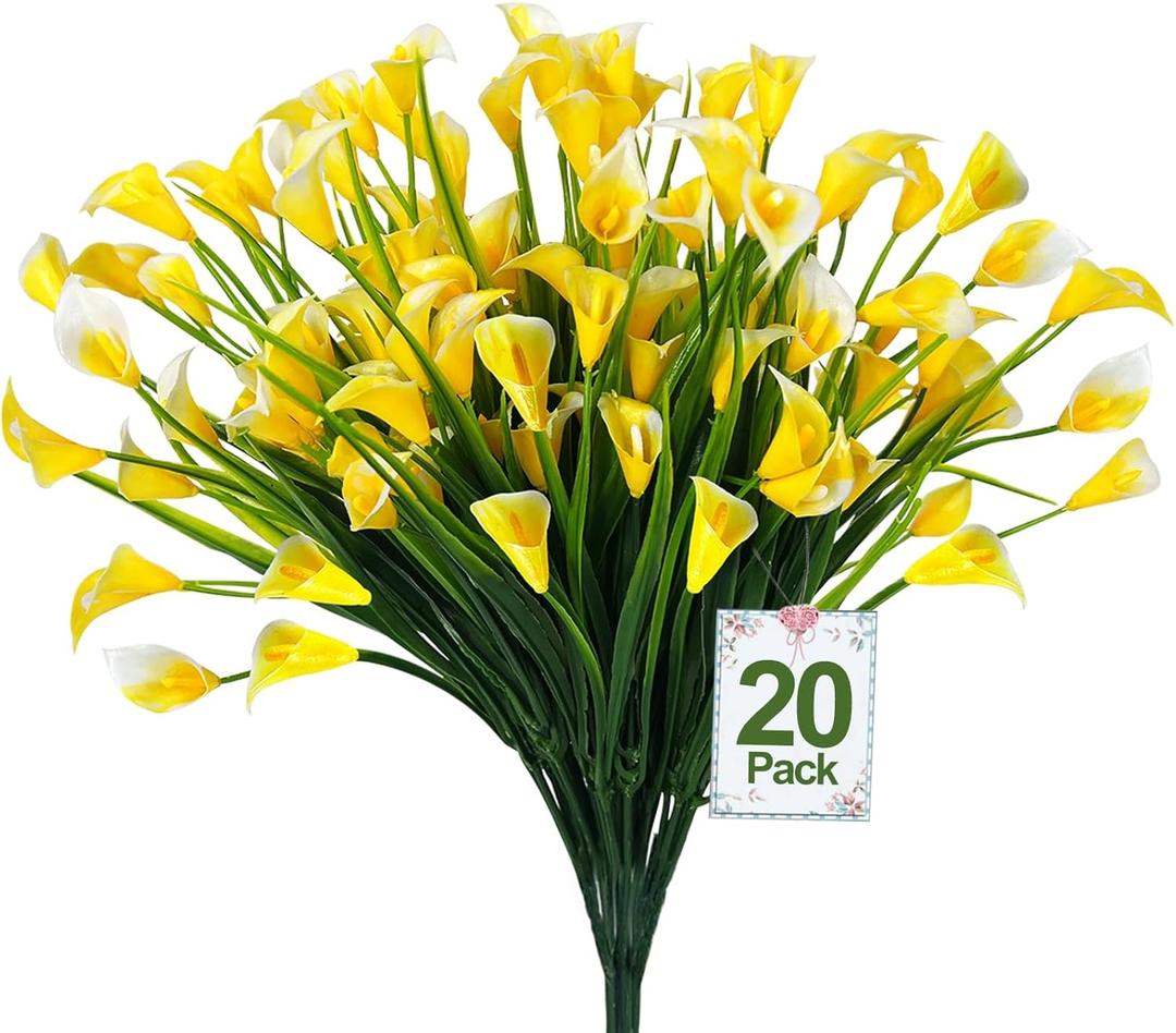 TURNMEON 20 Bundles Calla Lily (500 Heads) Outdoor Faux Plants, Artificial Flowers for Outdoors UV Resistant Plastic Fake Cemetery Flowers for Grave Planter Home Porch Gardens Summer Decor(Yellow)