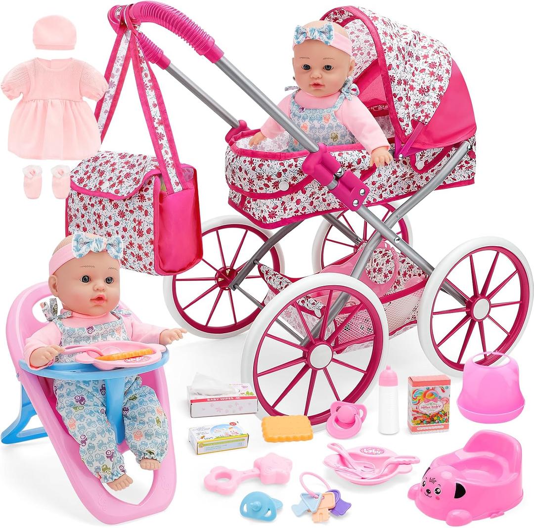 deAO Baby Doll Stroller Set Baby Doll Accessories Playset Pretend Play Toys with 12" Baby Doll,Foldable Stroller,2 Sets Doll Clothes High Chair Christmas Birthday Gift for Toddler Girls 3-7, 43x19x27 cm