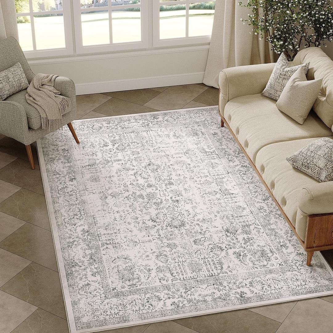 Area Rug 3x5Machine Washable Vintage Living Room Distressed Non Slip Carpet Traditional Indoor Bedroom Grey Retro Floral Accent Throw Large Rug for Office Kitchen Bathroom Dining Room