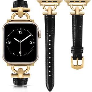 Leather Band Compatible with Apple Watch Bands for Women, Dressy Fancy Strap for iWatch Series 10/9/8/7/6/5/4/3/2/1/se/Ultra/Ultra 2(49mm 46mm 45mm 44mm 42mm,Black/Gold) 