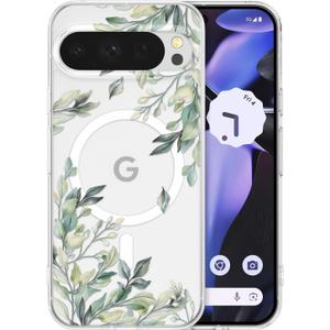 RALEAVO for Google Pixel 10/10 Pro Case Compatible with MagSafe Clear Floral Cover with Green Leaves Pattern for Girls Women Slim Cute Hard Back Shockproof Phone Case for Pixel 10/10 Pro,Transparent