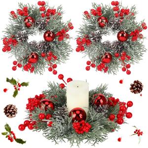 2 Pcs 12 Inch Christmas Candle Ring Wreath for 3 Inch Pillar Candles Artificial Candle Rings with Red Berries Ornaments Pine Cones and Greenery for Christmas Decorations Table Centerpiece