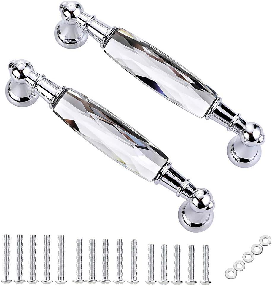 JUXYES Pack of 2 Crystal Cabinet Handles Pulls, Chrome Silver Glass Handle Decorative Drawer Pulls Modern Cupboard Door Handle Knobs for Dresser Drawer Cabinet Closet (5")