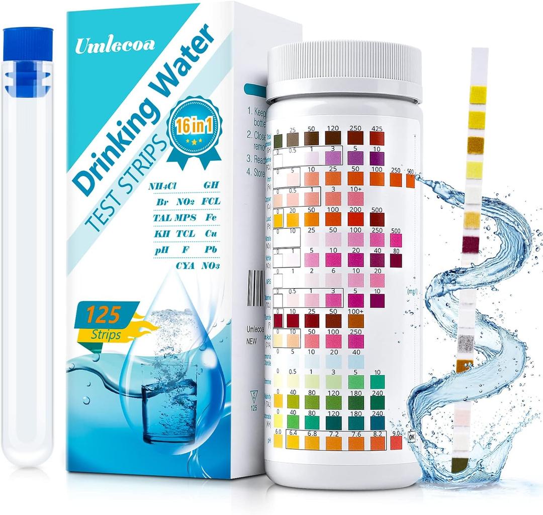 16 in 1 Premium Water Test Kit - 125 Home Water Quality Test Strips for Well and Tap Test Kit - Testing for pH, Hardness, Chlorine, Lead, Iron, Copper, Nitrate, Nitrite, etc