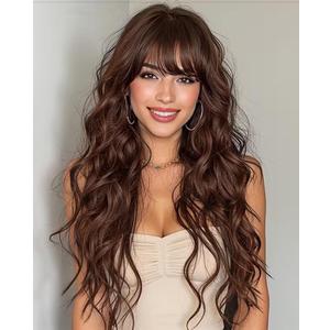 AISI HAIR Beginner Friendly Wigs Brown Wig with Bangs Long Wavy Synthetic Wig for Women with Daily Party Use
