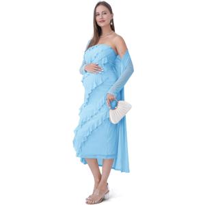SUNNYBUY Elegant 2 Piece Maternity Dress with Mesh Cardigan, Strapless Ruffle Maxi Gown Cocktail Dresses for Baby Shower (Blue, L)
