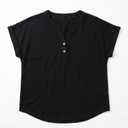 Women's Casual Black Short-Sleeve Henly-Style V-Neck Top with Wood Buttons XL