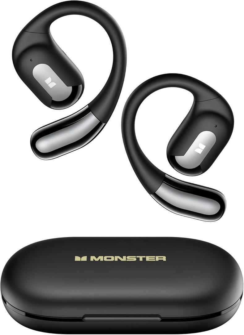 Monster AC317 Open Ear Headphones, Wireless Stereo Sound, Bluetooth 5.4 Technology, 24H Playback Battery, Crystal Clear Calls, Type-C Charging, Touch Control, Sweat Resistant Earbuds, Dark Black