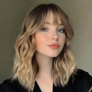 Lativ Blonde Wig With Bangs Short Wavy Curly Ombre Wig with Dark Roots Synthetic Heat Resistant Bob Wigs for Women Daily Party Use 14 Inches
