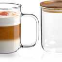 DRASTAR Glass Coffee Cups, 12 oz Clear Coffee Mugs, Flat Bottomed Cups with Acacia Wood Lid, Glass Tea Cup with Handle, Espresso Cappuccino Tea Cup Set of 2