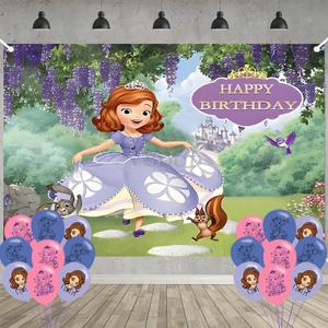 2 x Princess Sofia Birthday Party Decoration,Photo Background 5 x 3 FT, 18 Pcs Balloons,Princess Merch Party Backdrop Supplies