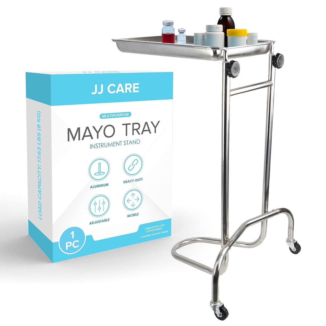JJ CARE Mayo Stand [17Lbs Weight Capacity] - Stainless Steel Tray, Adjustable Height Medical Mayo Stand with 2 Nylon Caster Wheels, Surgical Equipment and Tattoo Cart