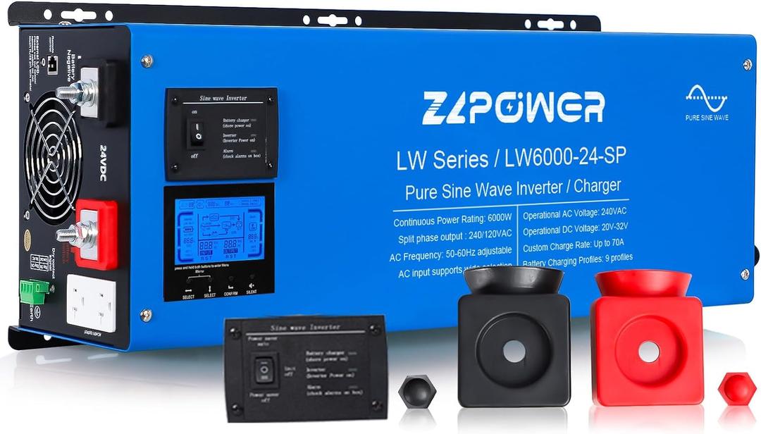 ZLPOWE 6000W 24V Inverter DC Pure Sine Wave 18000W Peak Low Frequency Off-Grid Solar Inverters 240Vac Input 120Vac/240Vac Output Split Phase with Battery Charger LCD Display for RVs Home UL1741