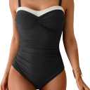 One Piece Swimsuit Tummy Control Color Block Bathing Suits for Women Ruched Slimming Swim Suit Tie Back (Large, Black, White)