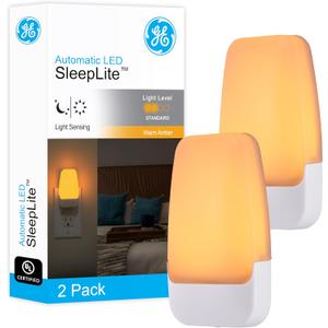 GE Sleeplite Night Lights Plug Into Wall, Dusk to Dawn Sensor, Ambient Lighting, Sleep Aid, Bathroom Dcor, LED Lights for Bedroom, Apartment Essentials, Smart Home,76135, Amber, 2 Pack