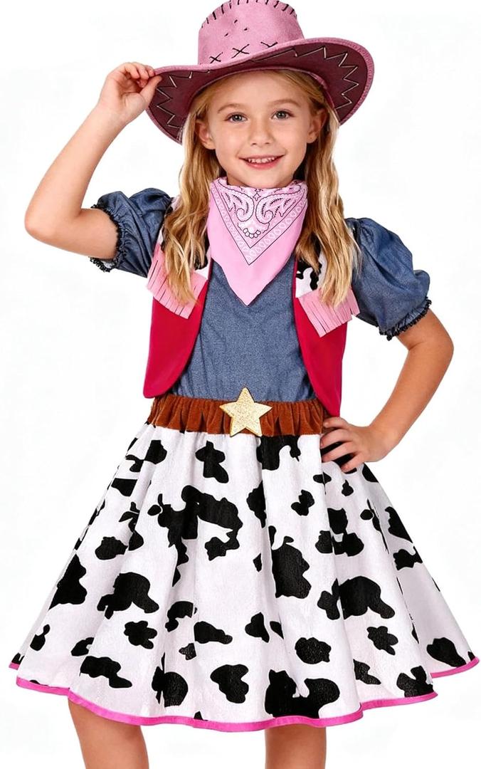 Cowgirl Costume for Girls with Hat Halloween Dress Up Party (9-10 Years, White)