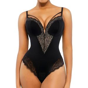 Popilush Lace Bodysuits for Women Corset Shapewear Tummy Control Body Suits V Neck Thong Underwired Outfits Side Zipper (M)