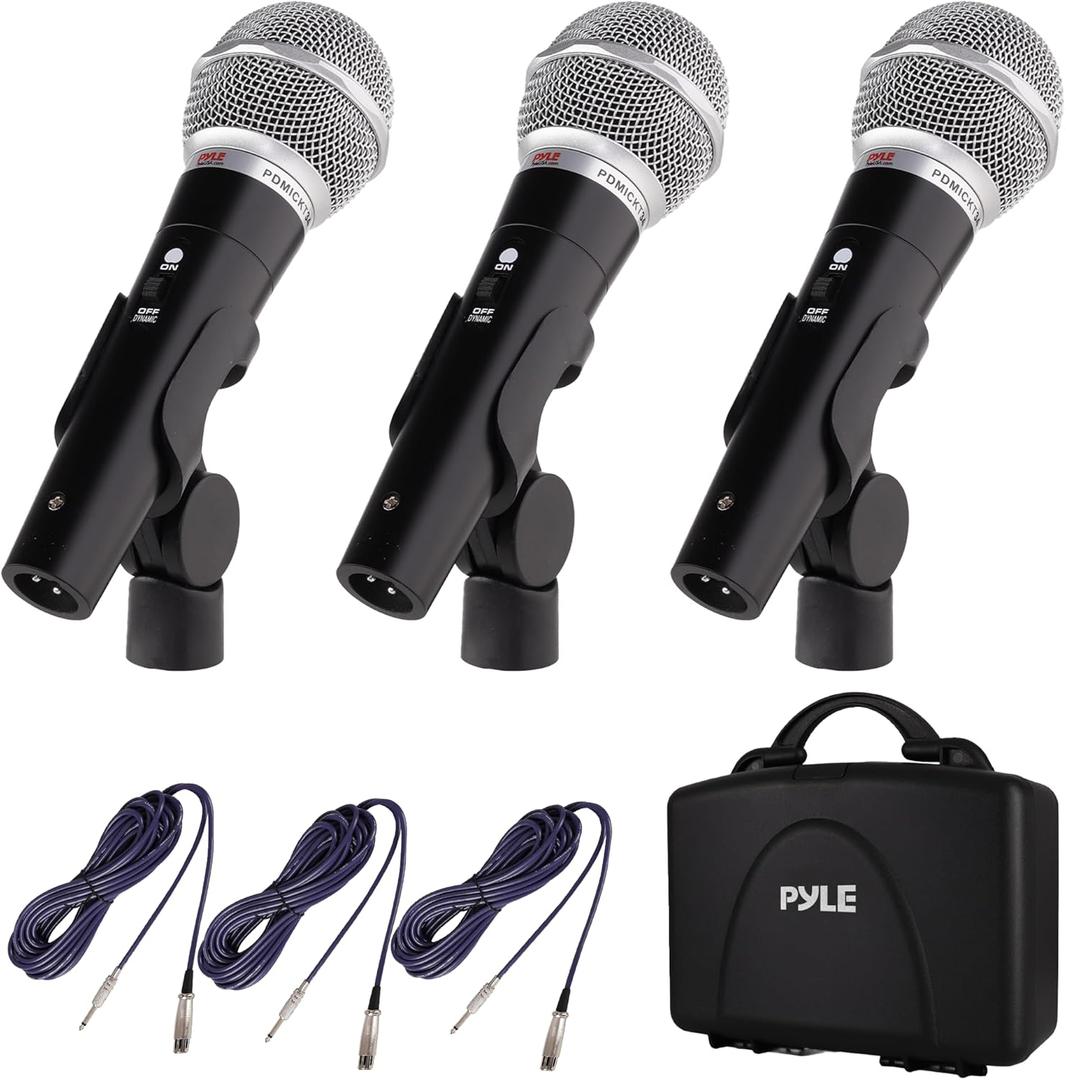 Pyle 3 Piece Professional Dynamic Microphone Kit Cardioid Unidirectional Vocal Handheld MIC with Hard Carry Case & Bag, Holder/Clip & 26ft XLR Audio Cable to 1/4'' Audio Connection (PDMICKT34),Black