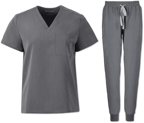 PuriPure Scrubs for Women Set Nurse Uniform Scrubs 4 Way Stretch V-Neck Scrub Top & Jogger Pant with 6 Pockets Scrub Set S
