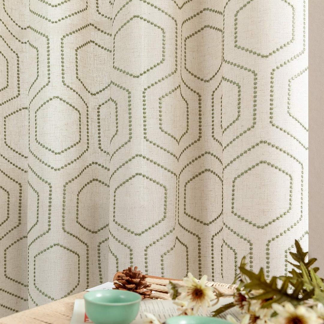 jinchan Green Boho Window Curtains 63 Inch Length Linen Textured Light Filtering Curtains Honeycomb Embroidered Design Living Room Drapes Bedroom Bronze Grommet Window Treatments Set 2 Panels (50"W x 63"L (Pack of 2), Honeycomb Green)