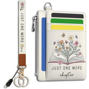 Hancynir Book Lover Floral Flower Slim Wallet Women Credit Card Holder, RFID Blocking Front Pocket Wallet Wristlet Keychain Lanyard, Small Cute Mini Card Case, Thin Travel Zipper Coin PU Leather Gifts