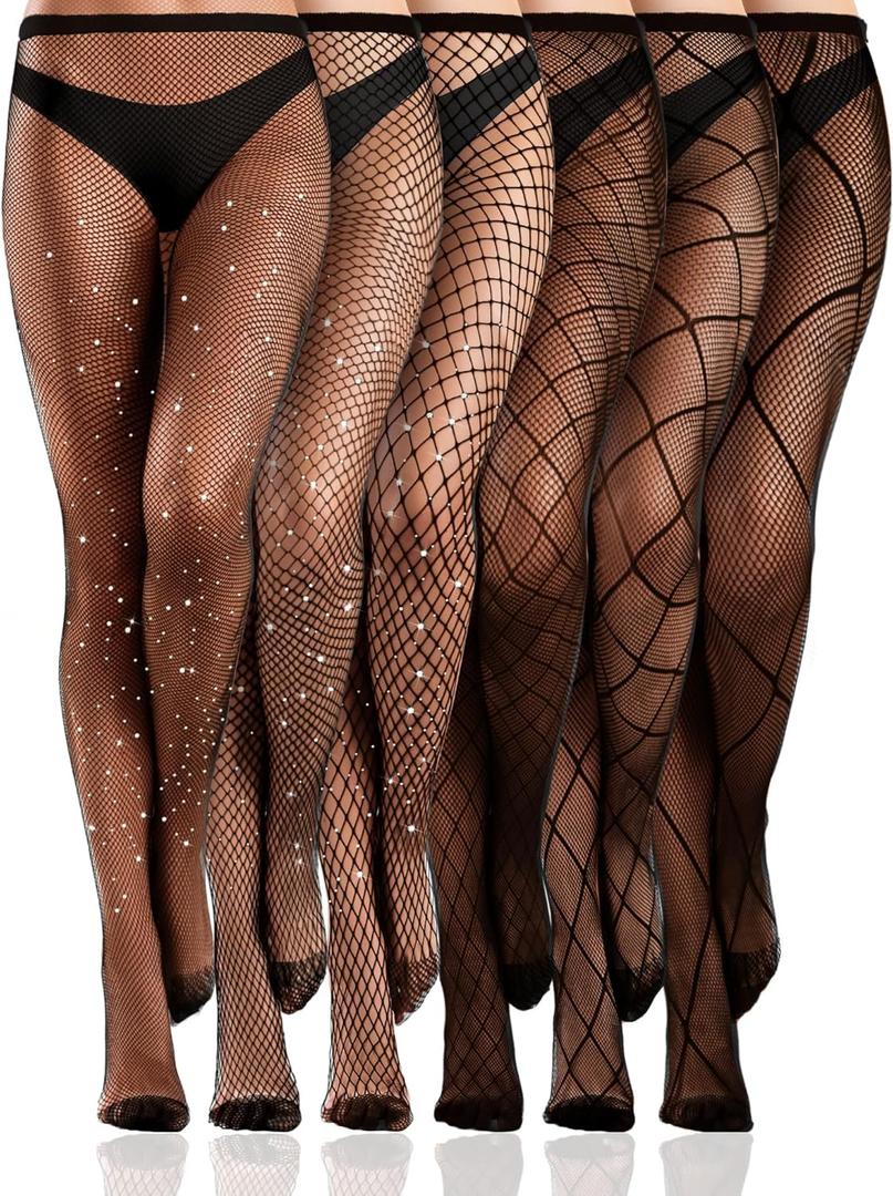 Ramede 6 Pairs Rhinestone Fishnet Stockings for Women Thigh High Waist Sparkly Tights Mesh Glitter Pantyhose for Halloween (X-Large)