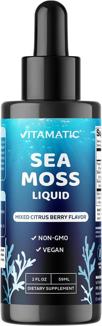 Vitamatic Liquid Organic Irish Sea Moss - Made with Bladderwrack & Burdock Root - 2800 mg per Serving - 2 FL OZ - Seamoss Supplement for Thyroid, Energy, Immune Support