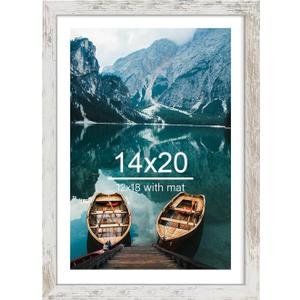 14x20 Picture Frame 1 Pack, Distressed White Wood Style - Display 14 x 20 Picture without Mat or 12x18 Picture with Mat, Wall Mounting Horizontal and Vertical