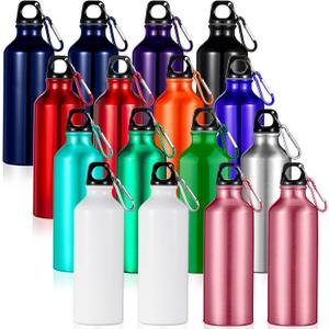 16 Pcs Aluminum Water Bottle Bulk 17 oz Reusable Backpacking Leak Proof Water Bottles with Buckle and Twist Cap for Camping Sports Travel (Dark Colors)